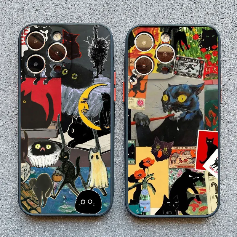Coque de téléphone à montage graphique chat noir, étui arrière mignon pour iPhone 14 13 12 Mini 11 Pro Max 17 15 16 Pro Max Plus XS XR X, nouvelle collection