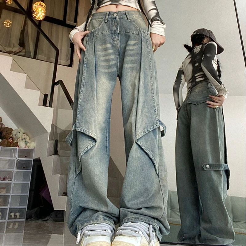 QWEEK Y2k Vintage Jeans Women High Waist Loose Straight Pants Spring Blue Spliced Casual Streetwear Fashion Denim Wide Leg Pants baggy jeans women streetwear ripped holes vintage denim jeans casual straight pants chic wide leg pants y2k women clothing blue