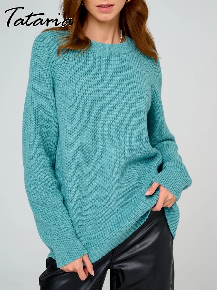 Basic O Neck Knitted Tops for Women Baggy Sweater Casual Solid Colour