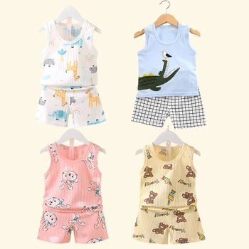 엄마 어린이 옷 아기 코튼 프린트 아동복 티셔츠, 조끼 상의, 반바지 세트, 소년 소녀, 귀여운 통기성 여름