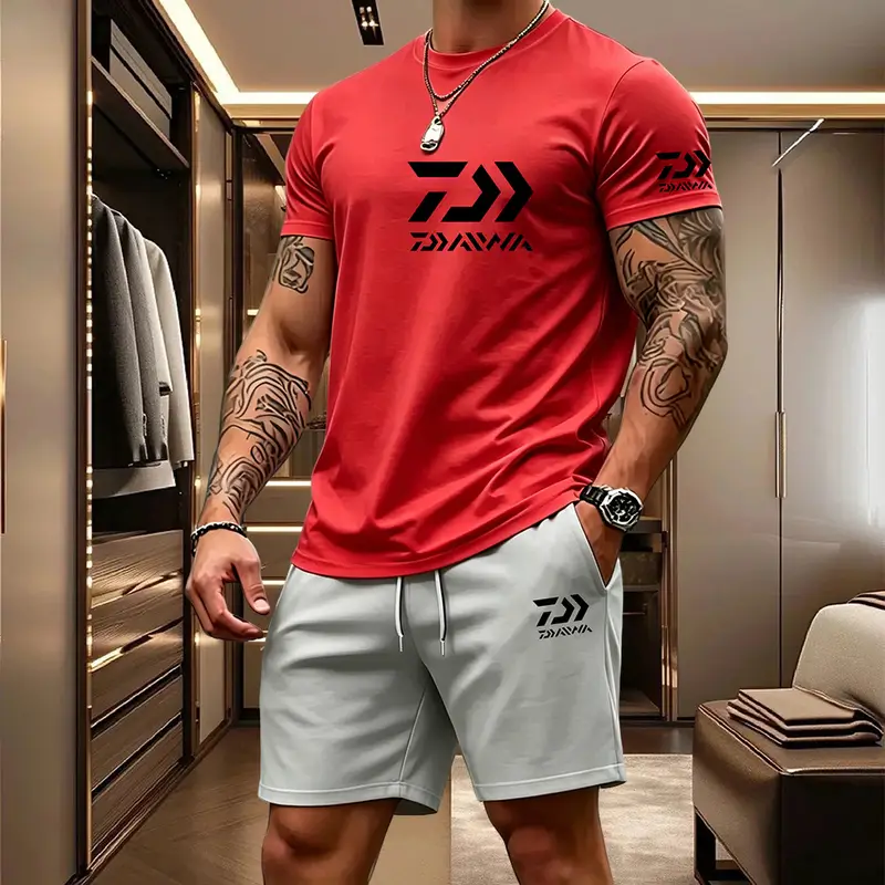 2026 Summer Men's Short Sleeved T-shirt Drawstring Shorts Set Breathable Outdoor Sports Set Men's Daily Fishing Suit - Image 14
