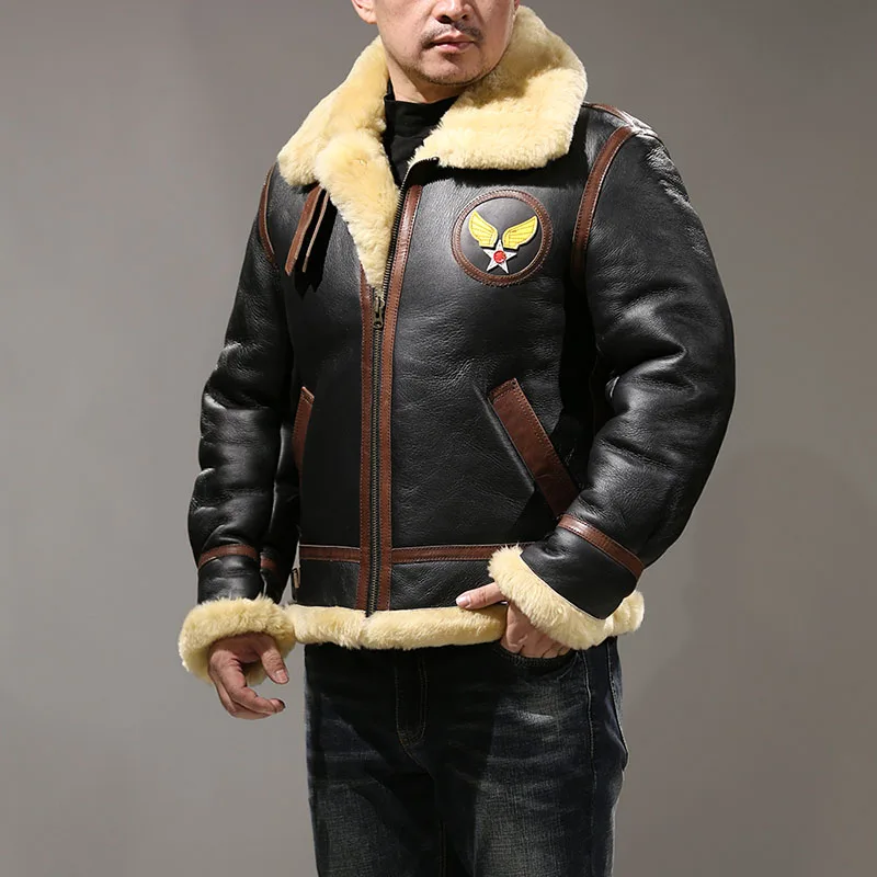 

HA-B3 Asian Size Quality Warm Thick Heavy Genuine Sheep Leather Mens Winter Shearling Fur B3 Jacket