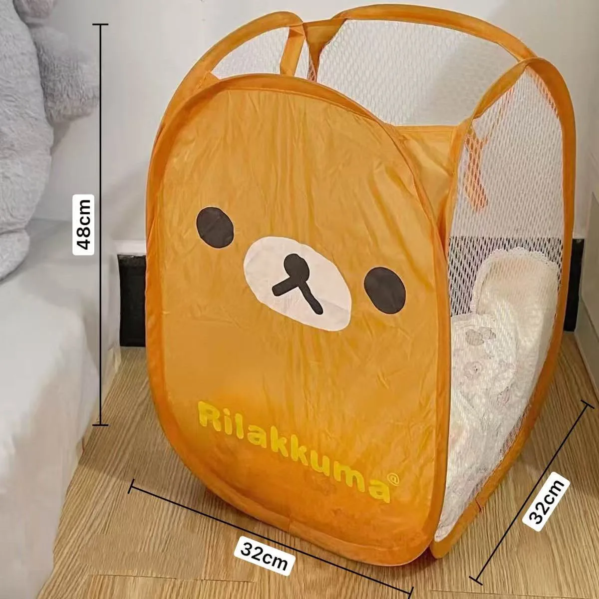Niedlicher Rilakkuma-Wäschekorb, faltbar, aus Netzstoff, tragbar, großes Fassungsvermögen, Cartoon-Pop-Up-Aufbewahrungskorb für den täglichen Gebrauch zu Hause, im Schlafsaal – Detail 1