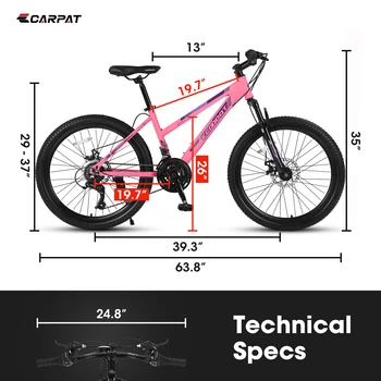 Ecarpat Mountain Bike 24 26 Inch Wheels, 21-Speed Disc Brake, Female Bicycles, 15 5