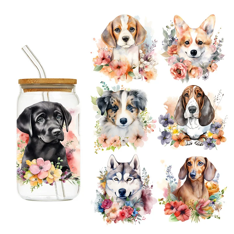 

LETOP 1PCS Flowers and Dogs 16oz Libbey Glasses Wraps Bottles Cup Can DIY Waterproof Custom Decals UV Dtf Transfer Sticker Dog