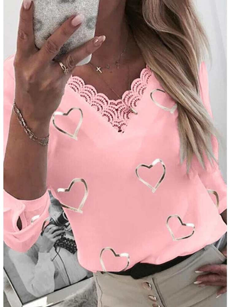 

2000 Ladies Fashion Heart Print V Neck Shirt Shirt Spring Summer Casual Long Sleeve Button Pullover Ladies Sexy Loose Lace