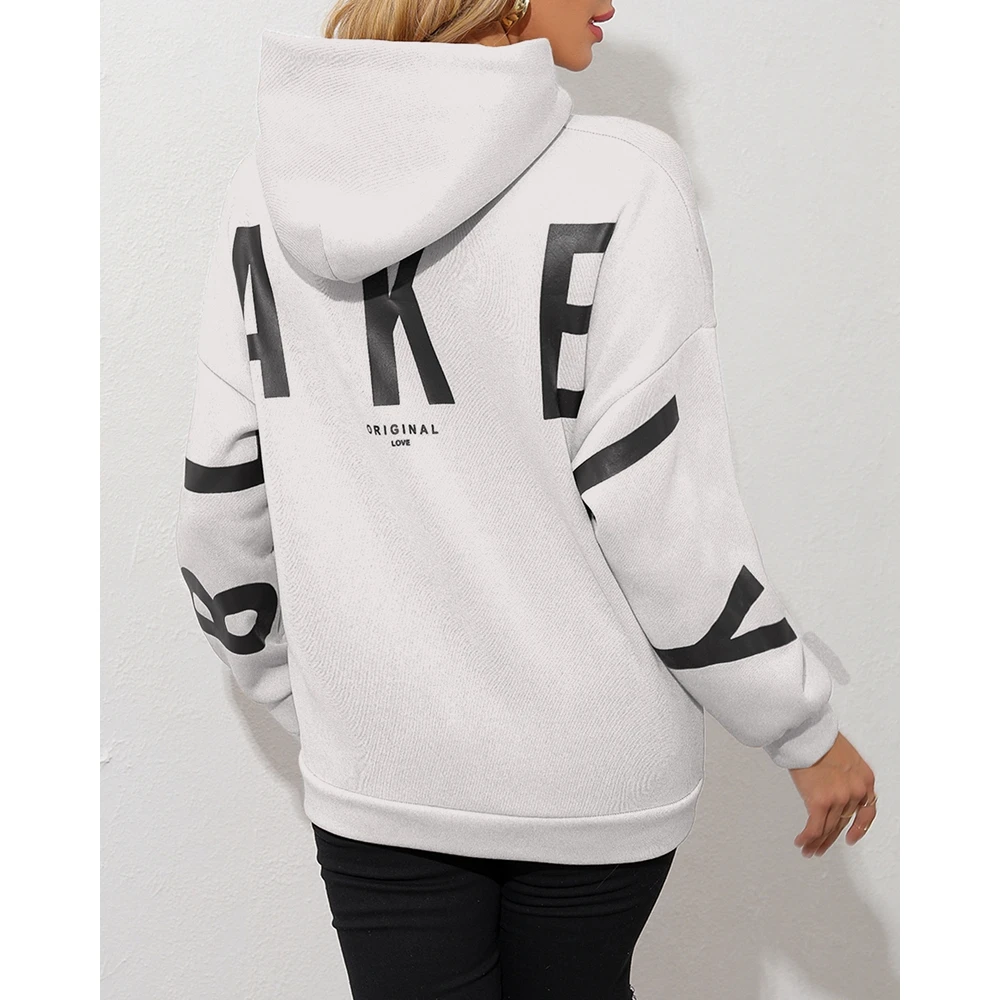 New Women Fashion Letter Print Hoodie Pullover Femme Casual Pocket Design Sweatshirt Top Steetwear Long Sleeve Loose T Shirts