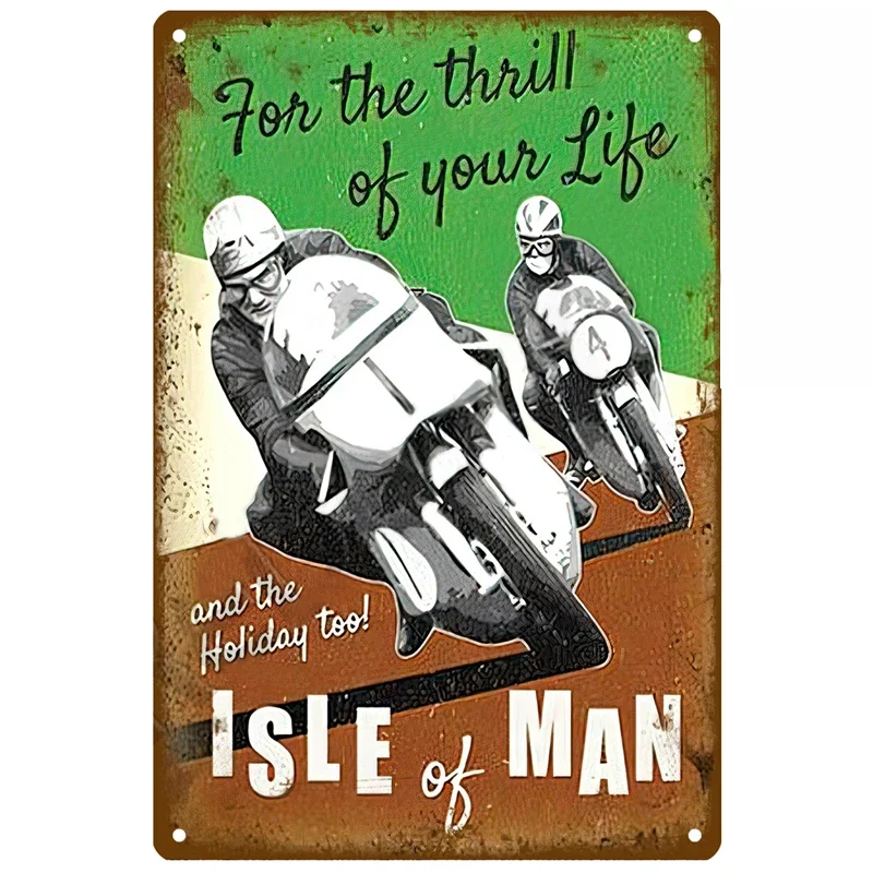 Vintage TT Yarışları Isle of Man Posteri Retro Yarış Motor Yarışması Teneke Levha Eskitilmiş Paslı Metal Duvar Sanatı Plakası Ev Dekoru