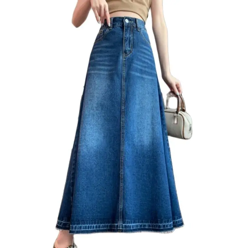 

female denim skirts skirt high-waisted moustache effect patch pocket A-Line skirts