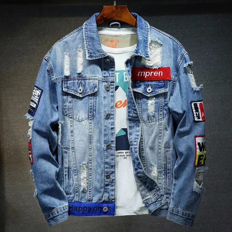 Men Brand Denim Jacket Hip Hop Streetwear Punk Motorcycle Ripped Print