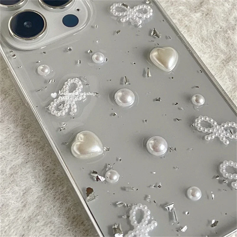 Elegant 3D Pearl Bowknot Silver Foil Clear Soft Phone Case