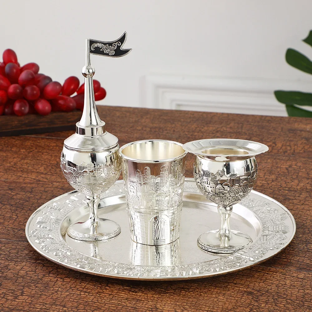 Havdalah 4pcs set Kiddush high foot cup and tray Havdalah candle holder Besamim spice box suitable for the end of the Sabbath