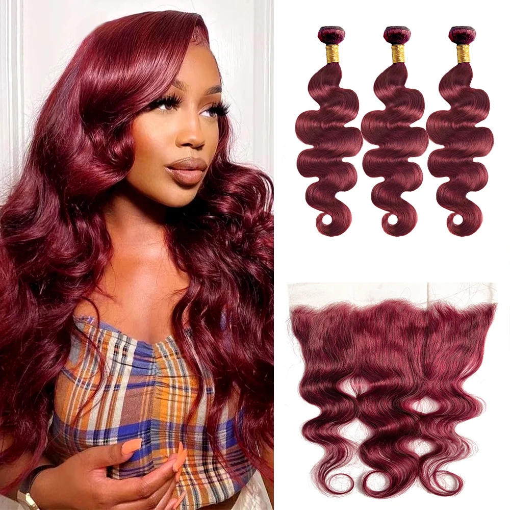 Body Wave Bundles With Closure 99J Human Hair Bundles With Frontal 13x4 Lace Brazilian Burgundy Hair Extensions 3 Deals