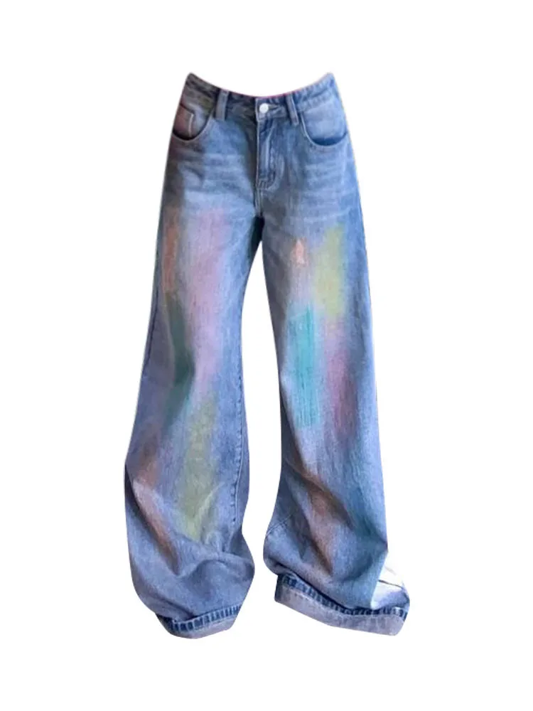 

American Retro Baggy Washed Blue Wide Leg Pants High Waist Full Length Trousers Painted Korean Fashion Jeans Streetwear Harajuku