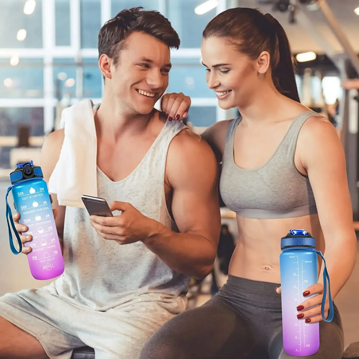 1L Sports Water Bottle with Straw and Time Marker Plastic Motivational Water Bottle Drinking Bottle Leakproof for Fitness Gym