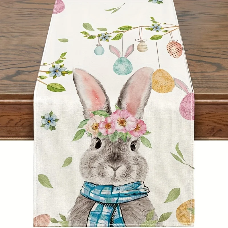 

Easter Bunny Rabbit Eggs Flowers Linen Table Runner Dresser Scarf Table Decor Seasonal Spring Holiday Party Dining Table Decor