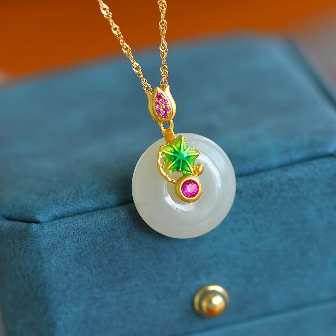 

Natural Hetian Jade Gemstone Set S925 Silver Gold Plated Diamond-studded Ping Buckle Jewelry Set for Woman Luxurys