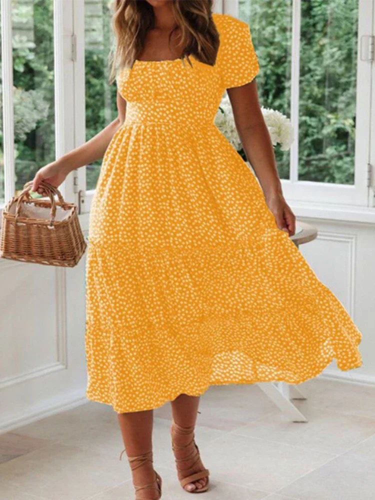 Summer Women Beach Sweet Dresses Vintage Vintage Print Puff Sleeve Casual Square Collar Floral Maxi Long Dress Festa Vestidos 2