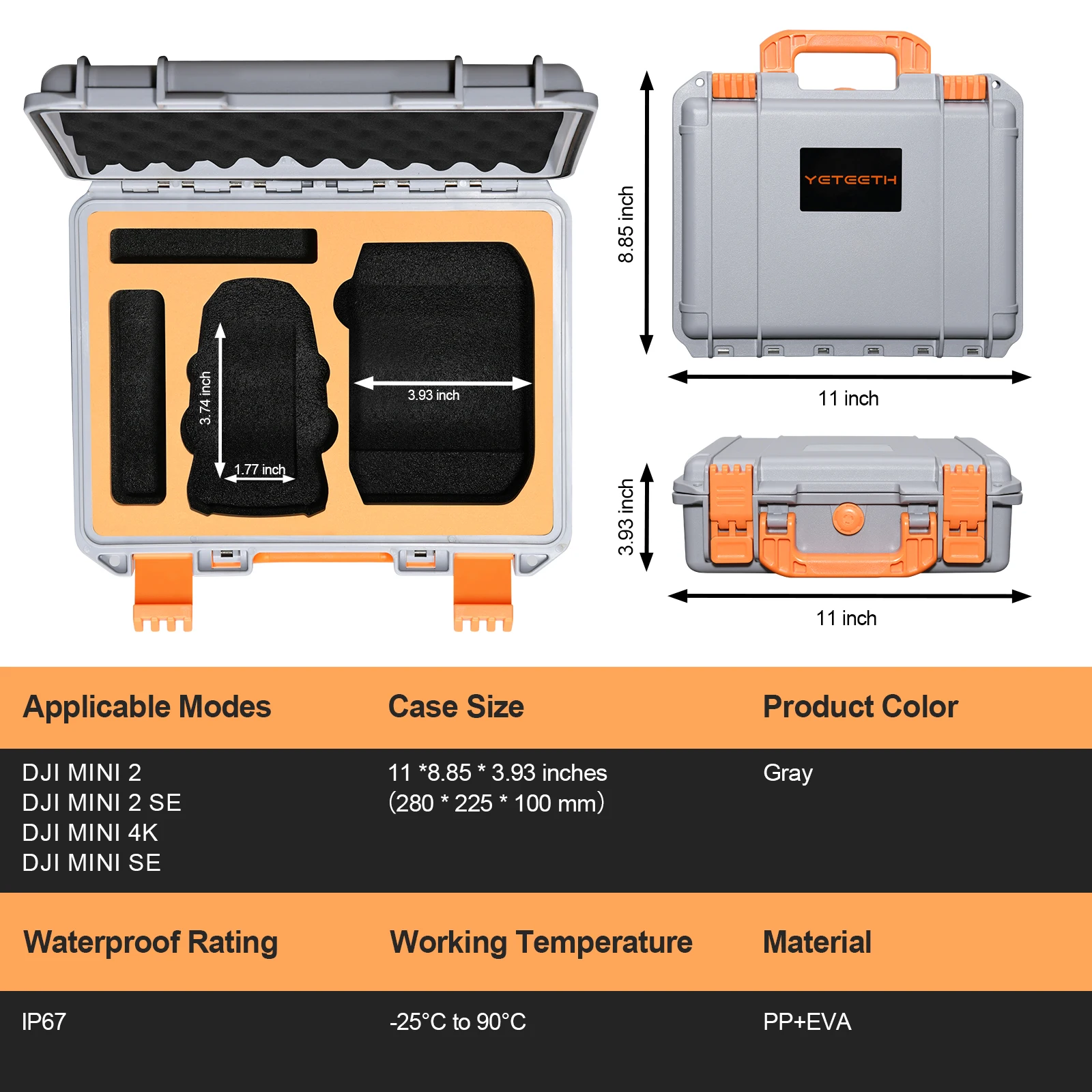 Vue latérale du sac étanche pour DJI Mini 2, avec sangle ajustable et logo DJI.