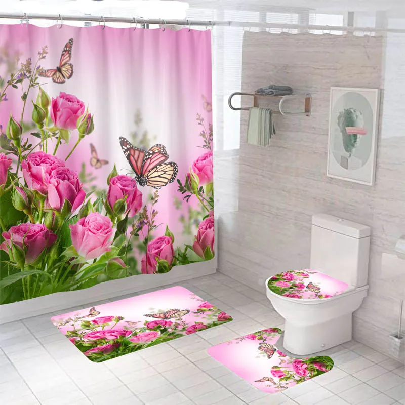 PinkRoseShowerCurtainsButterflyBathCurtainSetswithRugs
