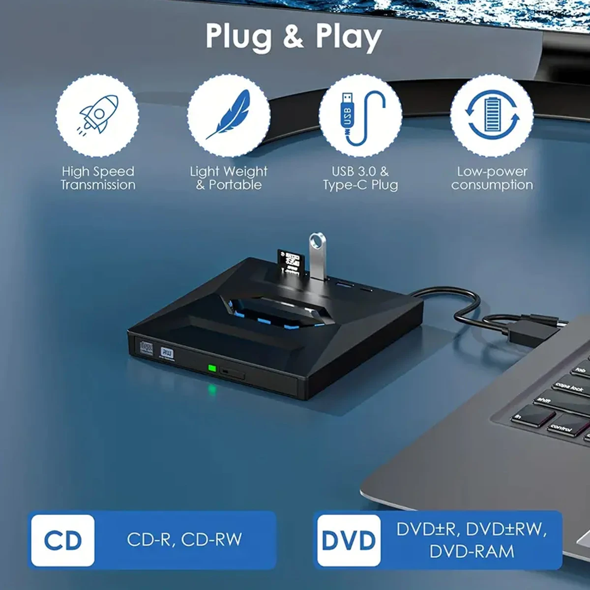 6IN1 Portable USB3.0 External DVD Burner Drive Card Reader Player CD Drive Laptop Desktop Accessories dvd player