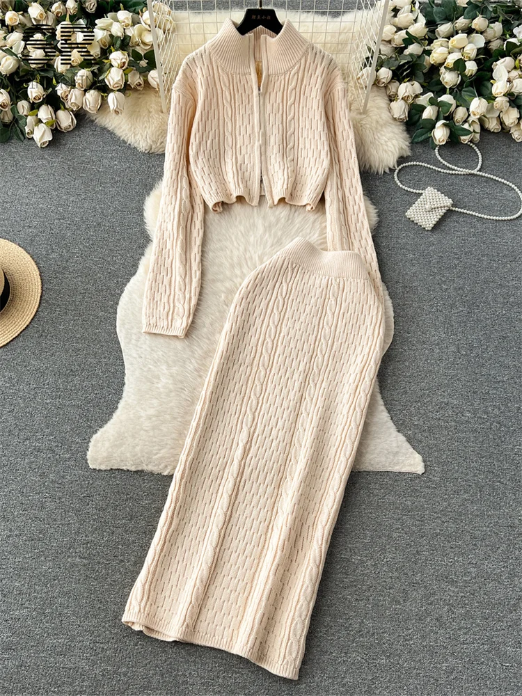 Women Zippered Cardigan And Straight Pants Set With Patchwork Knit For Autumn Winter Casual Suit main image 1