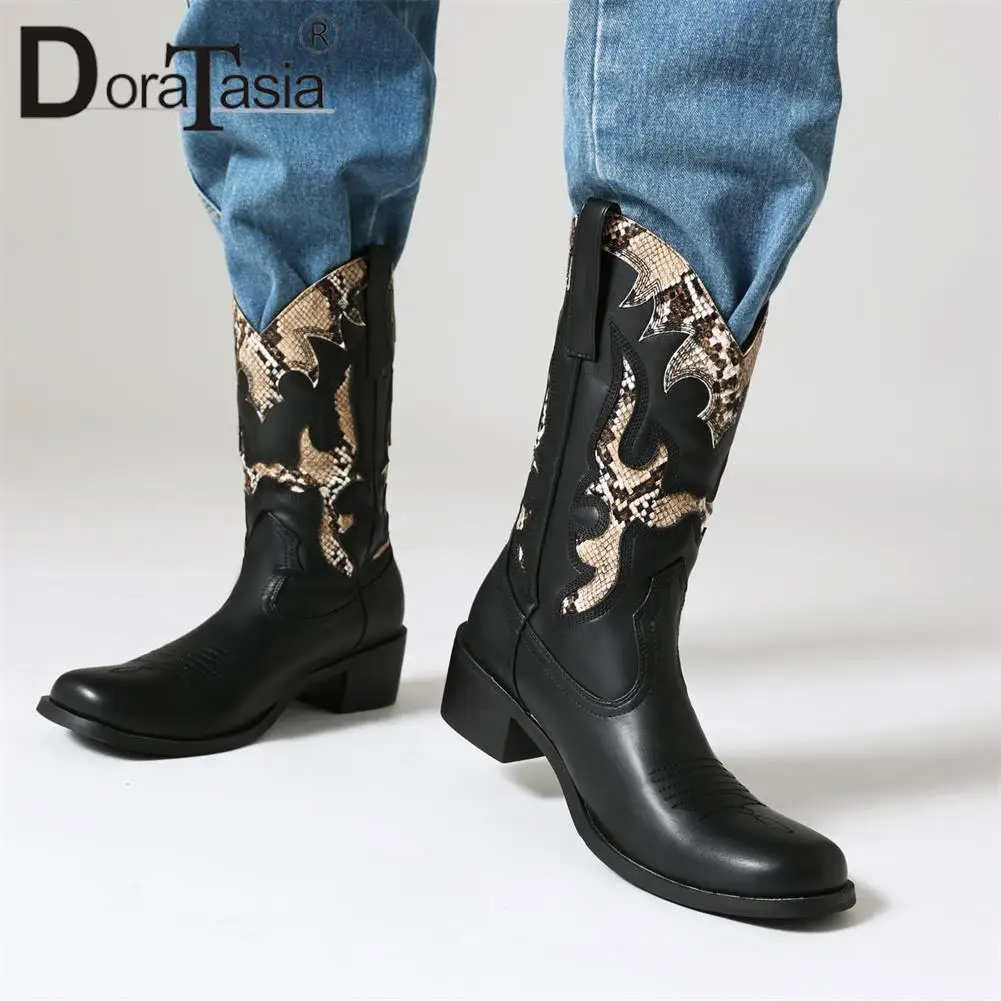 Plus Size 50 Brand New men's Chunky Heel Cowboy Boots Fashion Embroider Mixed Colors Mid-Calf Boots Casual Comfy Shoes Male images - 6
