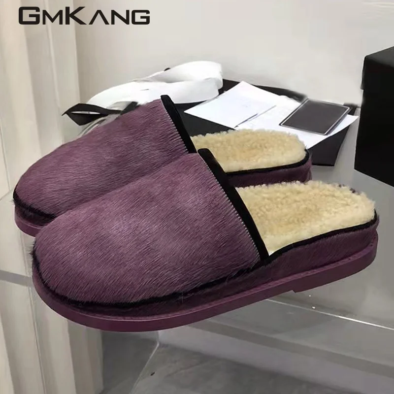 Pony wool slippers Women's metal buckle flat shoes Women's round head leisure mule winter wool slippers Walking casual shoes Men