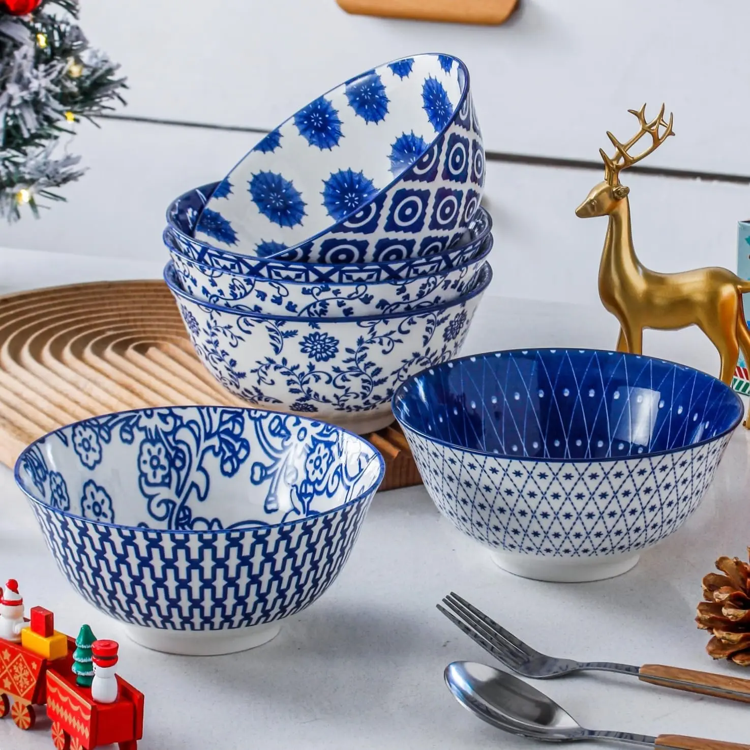 6‑Piece Ceramic Soup Bowls Set – 24 oz Deep Bowls for Cereal, Pasta & Salad, Vintage Blue 6