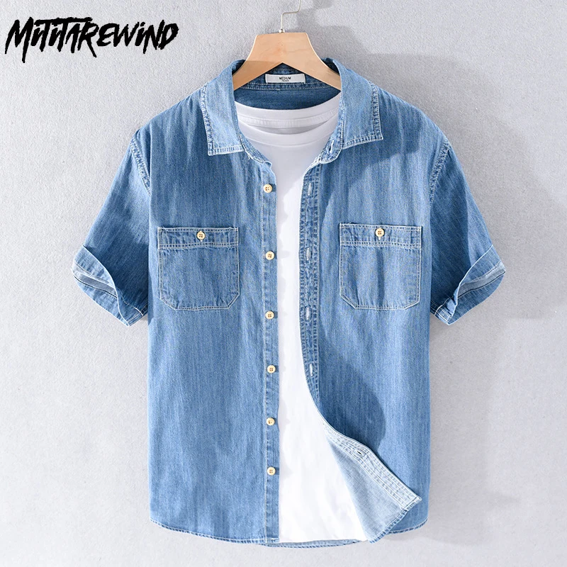 Summer Short Sleeve Denim Shirt Men Casual Slim Jean Shirts Pure Cotton Double Pockets Cowboy Shirt
