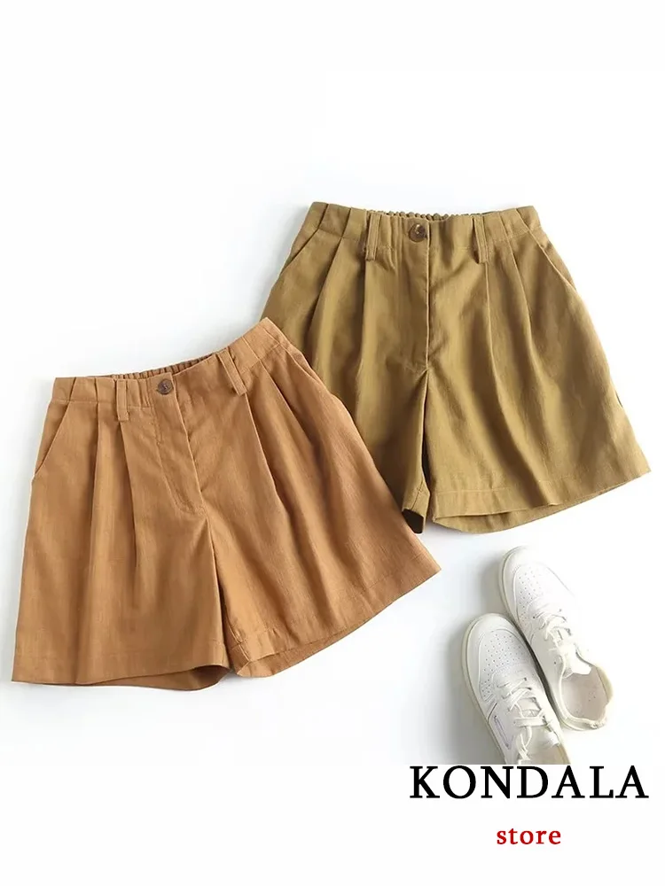 

KONDALA Vintage Casual Simple Basic Women Shorts Solid Zipper Button Folds Loose Wide Leg Shorts New Fashion 2023 Summer Shorts