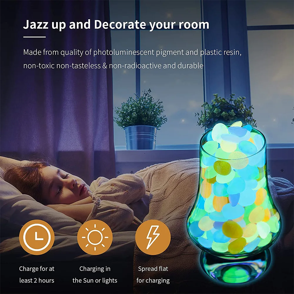 Glow in the Dark Rocks, Glowing Stones, Decor Pebble Stones for Garden, Walkway, Potted Plant, Flower Bed, 100 Pieces