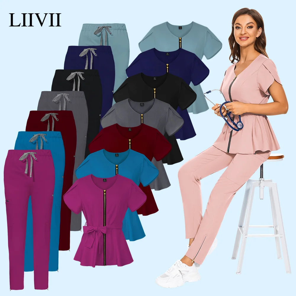 

Plug Size Beautician Tops+pants V Neck Solid Color Women Medical Short Sleeved Spa Uniform Nurse Clothes Doctor Workwear