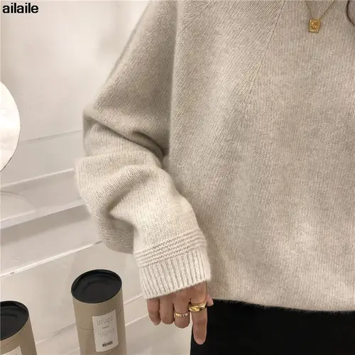 Aiaile-니트 스웨터, 여성 긴 소매 루즈한 울 풀오버, 라운드 o넥 아우터 점퍼, 가을/겨울용 두꺼운 올 매치 베이직 탑스 3