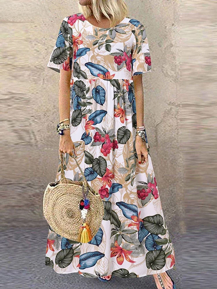 

2024 Bohemian Holiday Sundress Summer Women Vintage Floral Printed Short Sleeve Beach Dress Loose Long Vestido Robe Femme