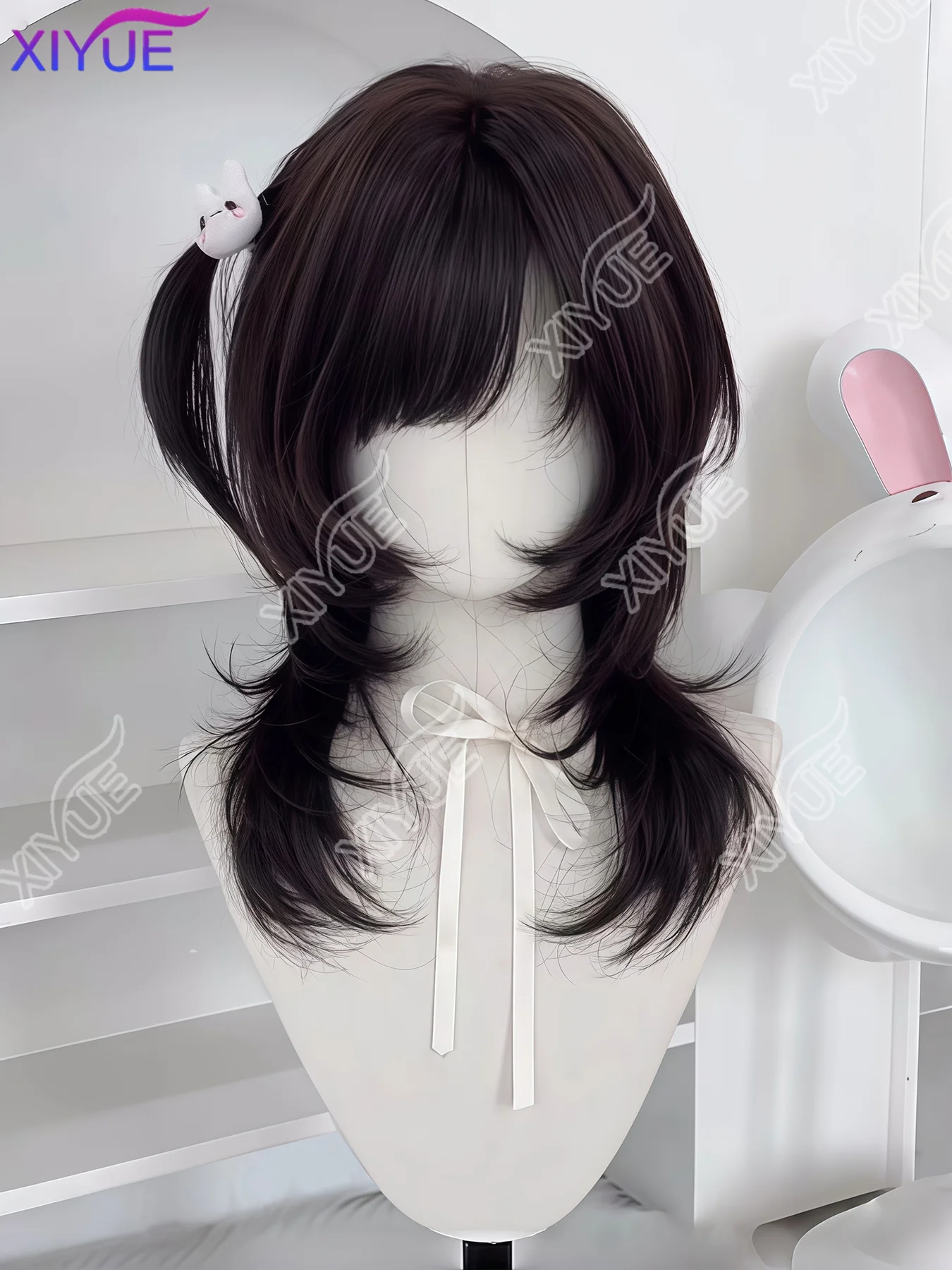 XIYUE Women's Sweet Lolita Synthetic Wig with Straight Bangs Japanese High-Layer Jellyfish Style Full Cap Hair for Cosplay