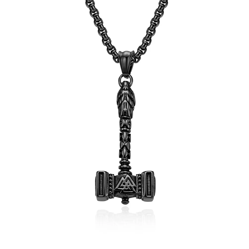 Fashion Vintage Jewelry Nordic Viking Odin Thor's Hammer Design Pendant Beaded Chain Stainless Steel Necklaces for Men