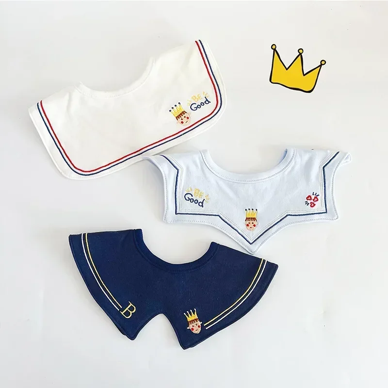 3PCS Korean Cotton Baby Bib Prince Cotton Embroidered Bibs Baby Saliva Towel Boys and Girls Waterproof Flower Fake Collar Bibs 2