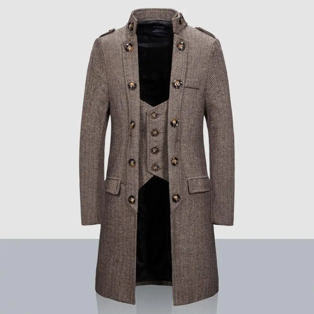 Men Outwear Coat Stand Collar Dressing Washable Fake Two Piece Patchwork Trench Coat Popular