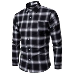 2021 nova masculina casual xadrez camisa de flanela de mangas compridas peito bolso design moda impresso botão outono inverno quente camisas
