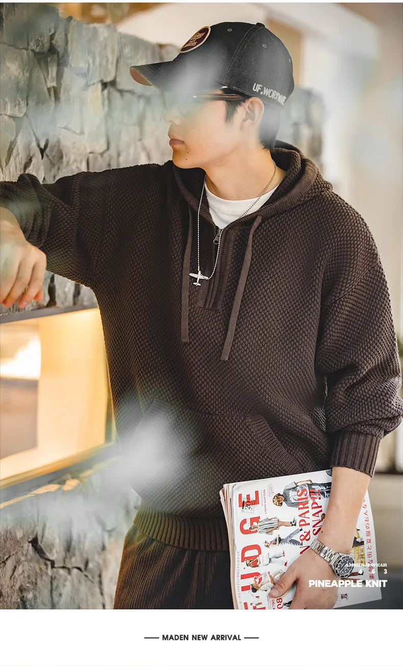 Maden Casual Knit Sweater Half-zip Basics Hoodies for Men Autumn Winter Fashion Brand Pullovers Warm Hooded Sweatshirt Tops