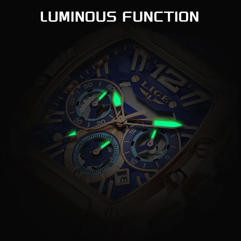 LIGE New Men Watch Top Brand Luxury Blue Silicone Big Dial Watch Men Luminous Waterproof Square Chronograph Relogios Masculino