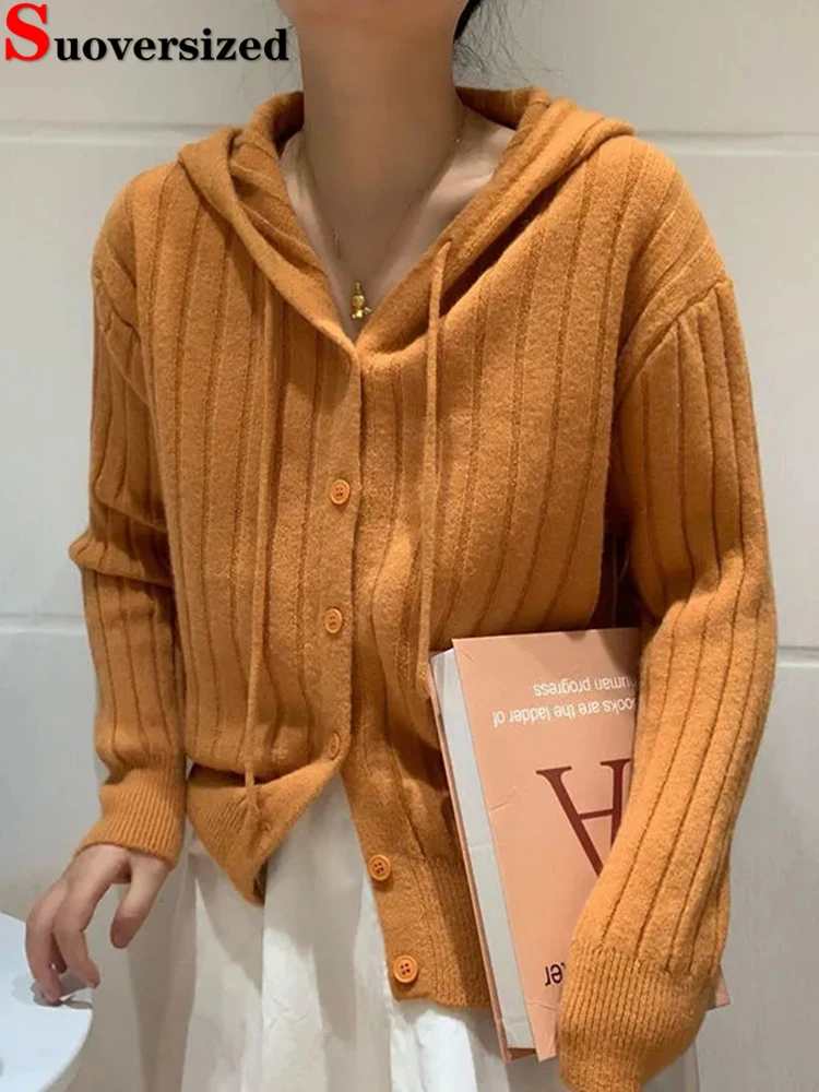 

Hooded Crop Knitted Cardigan Women's Korean Elegant Chic Sweater Spring Long Sleeve Casual Tops Loose Knitwear Sweatshirts Femme