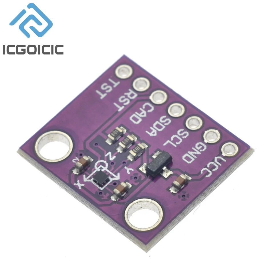 Vue détaillée du capteur magnétomètre 3 axes AK09911C avec broches I2C pour Arduino