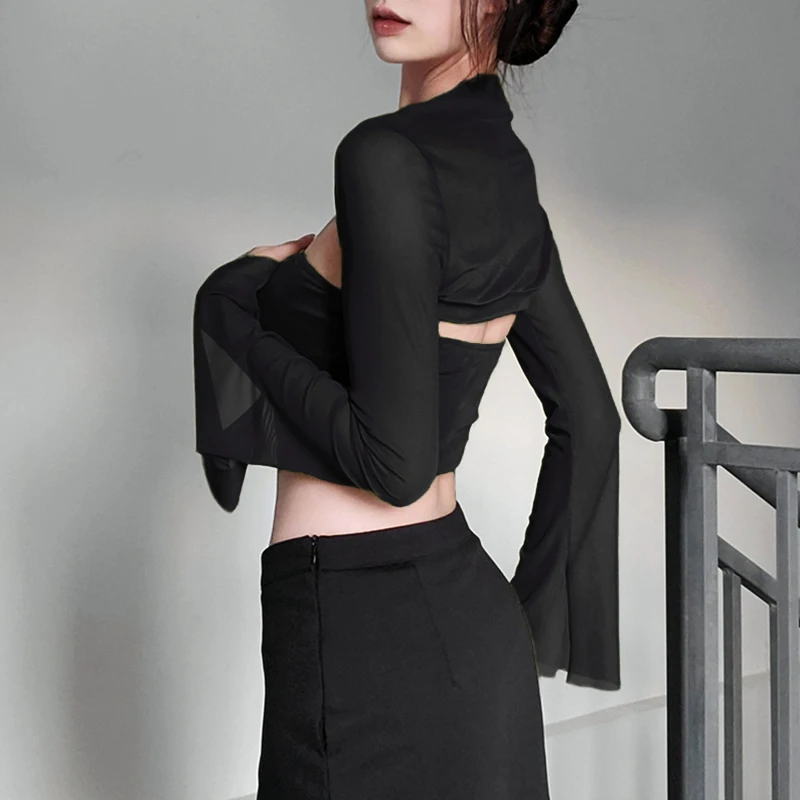 Crop Top Donna Sexy In Tulle - Top Trasparente Maniche Lunghe Y2K - Foto 11