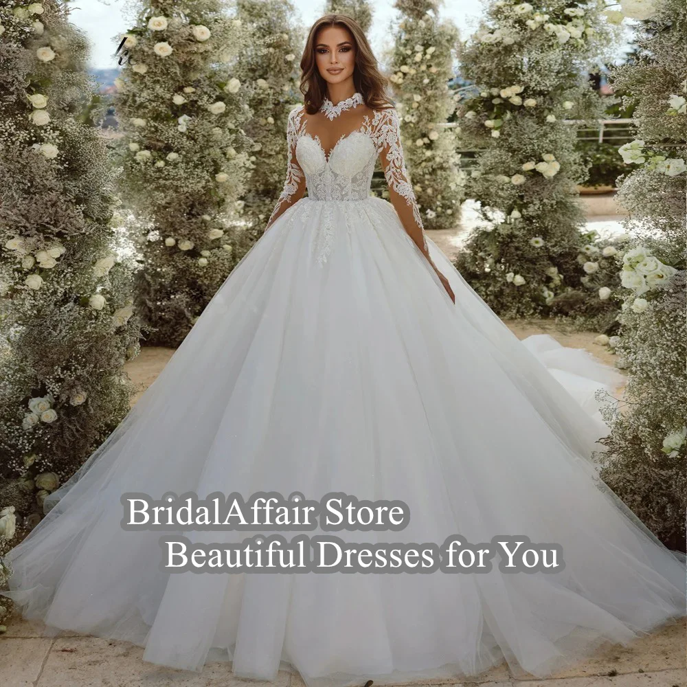 Elegant Silky Organza Ball Gown Wedding Dresses Beading Pearls Embroidery Applique High Collar Full Sleeves Bridal Skirts 2