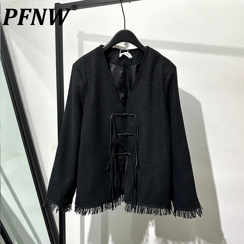 

PFNW Original Design High Sense New Vintage Worn-out Rough Edge Loose Buckle Jacket Darkwear Trendy Chic Fragrant V-neck 12Z4749