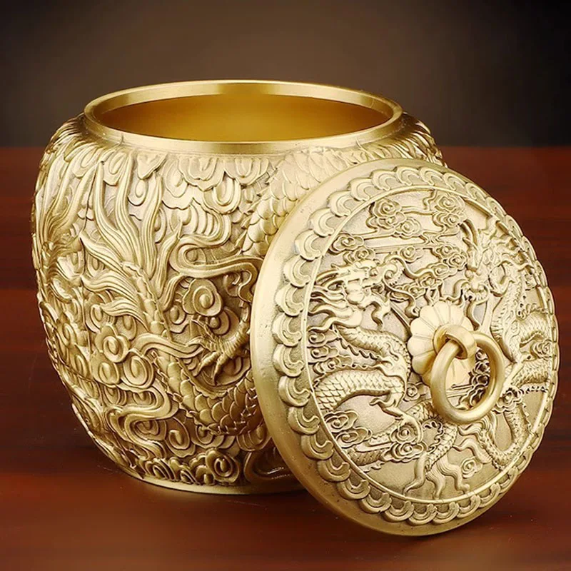 Chinese Style Brass Animal Cow Pattern Sealed Tea Can, Portable Travel Mini Storage Furnishings Office Decor Copper Tea Box, 1Pc