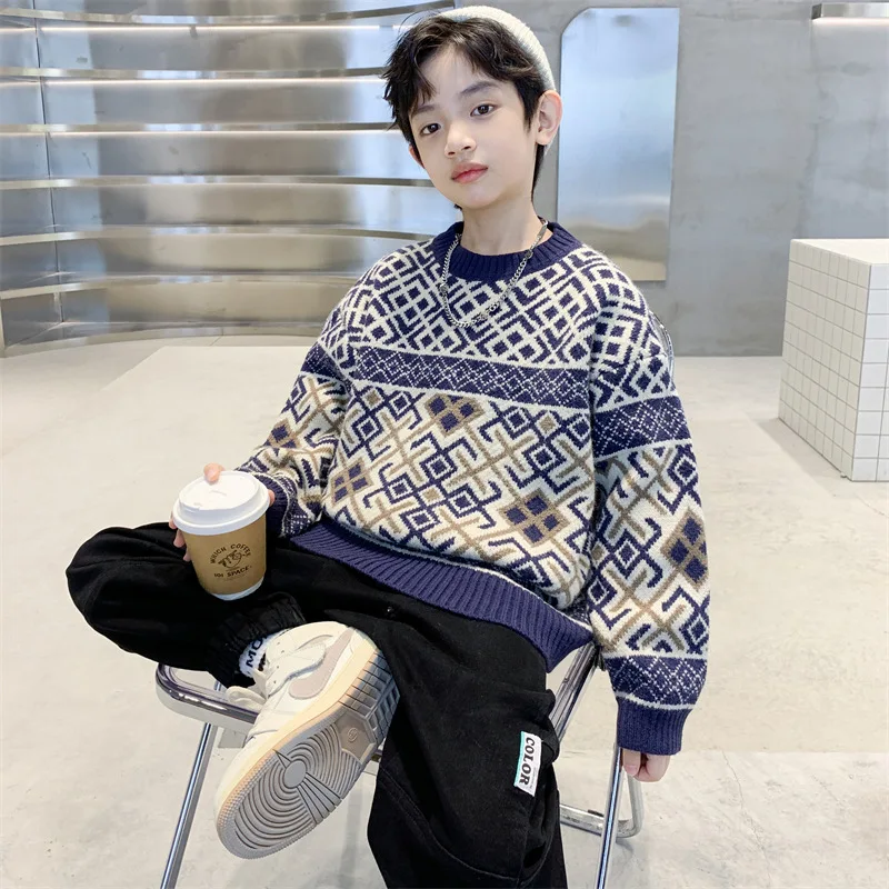 

2023 Korea Autumn Winter Children Boy Cropped Sweater School Boy Vintage Striped Knitted Tops Junior Boy Warm Pullover Knitwears