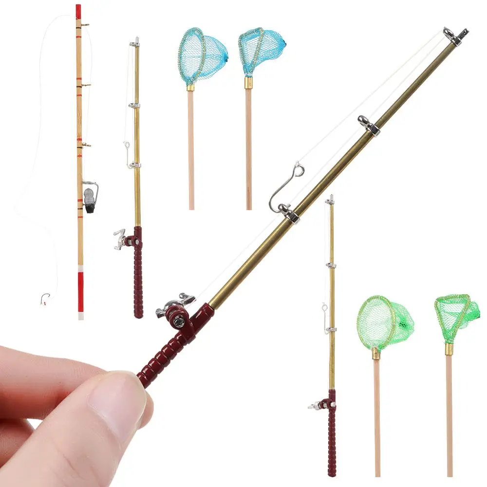 

1:12 Scale Miniature Fishing Rod Fish Pole Trammel Net Dollhouse Decoration Doll Accessories Scene Model Micro Landscape